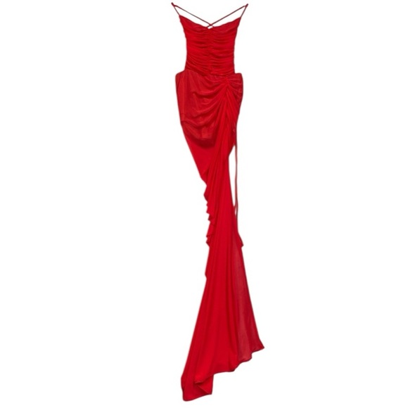 NEW Michael Costello Revolve Follie Gown Ruched Mesh Back Tie Sz XS Red - Picture 3 of 13